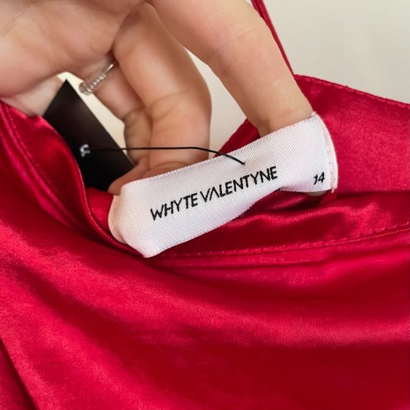 Whyte Valentyne Red Satin Bodycon  Midi Dress Thigh Slit Sz XL/14 - Picture 5 of 6